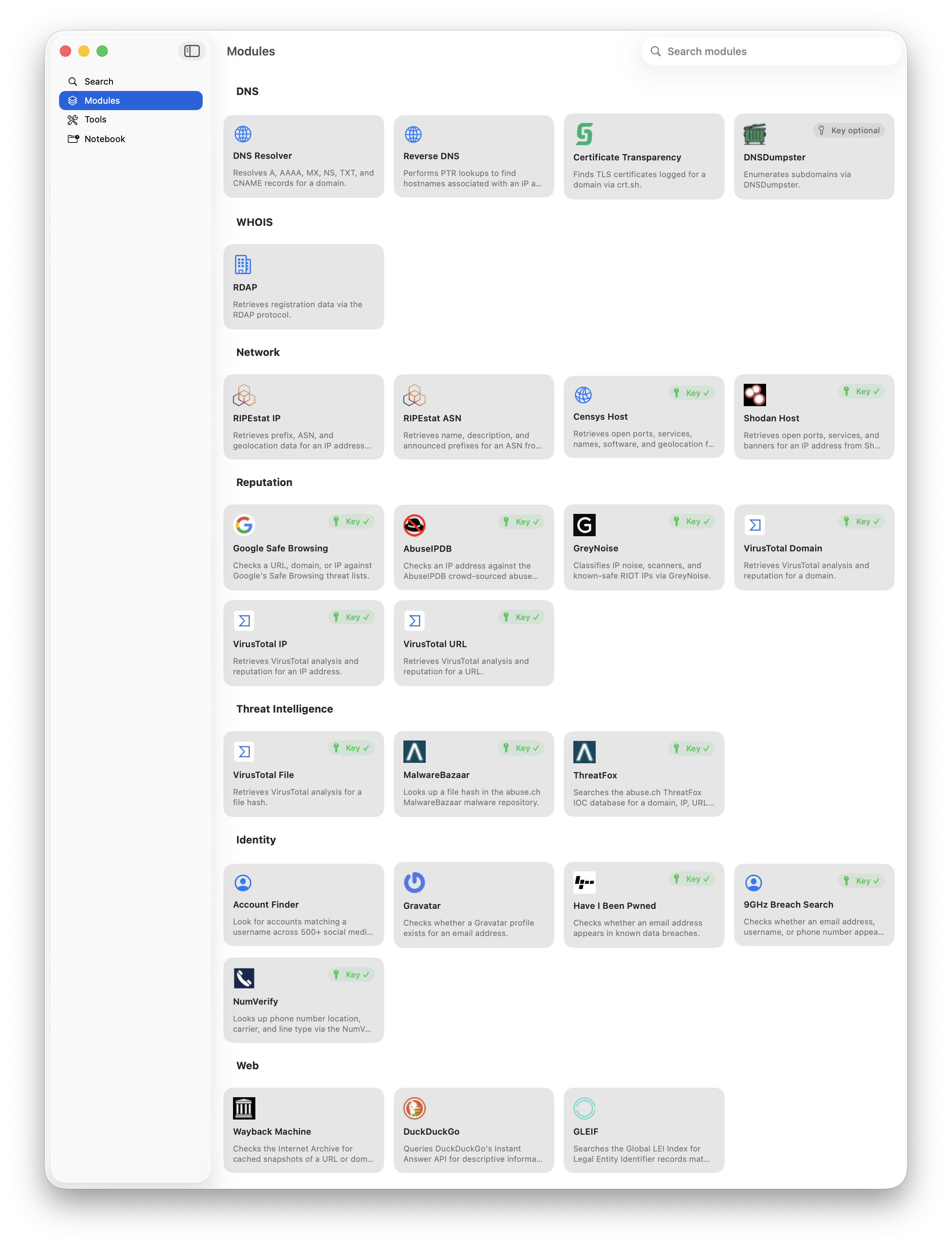 OSINT Toolbox on Mac showing a domain investigation with DNS records, RDAP registration data, and threat intelligence findings